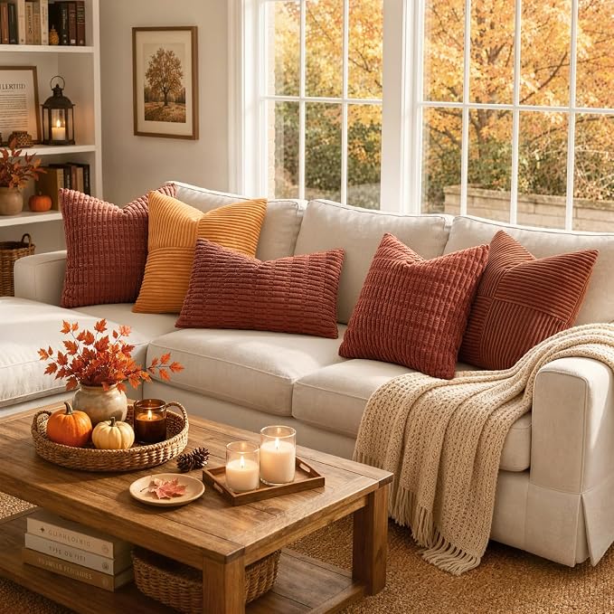 MIULEE Fall Corduroy Decorative Throw Pillow Covers 12x12 Rust Pack of 2 | Terracotta Soft Boho Striped Pillow Covers Modern Farmhouse Autumn Home Decor For Sofa Living Room Couch Bed