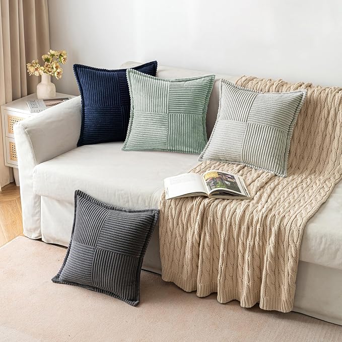 MIULEE Decorative Throw Pillow Covers for Couch 18x18 Inch Greyish Green | Boho Broadside Striped Patchwork Pillow Covers, Soft Corduroy Cushion Cases, For Sofa Bed Livingroom Home Decor