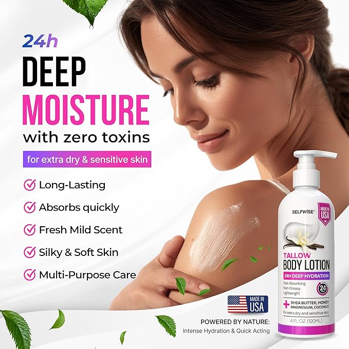 Beef Tallow Body Lotion with Magnesium & Shea Butter - Lightweight, Fast-Absorbing Body Cream with Avocado Oil & Vitamin E - Non-Greasy Moisturizer for Dry, Sensitive Skin - Daily Hydration, 4oz