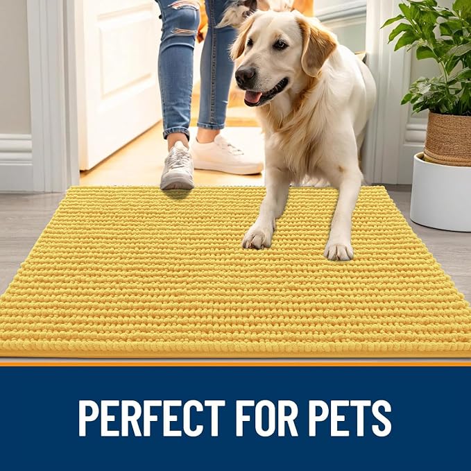 OLANLY Dog Door Mat for Muddy Paws 36x24, Extra Absorbent Chenille Mud Mat | Yellow, Absorbs Moisture and Dirt, Non-Slip Machine Washable Doormat, Quick-Drying Indoor Entryway Floor Mat for Dogs