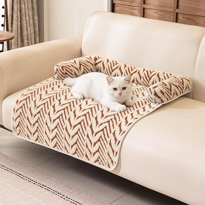 Calming Dog Bed Mats with Neck & Head Support, 31.5 x 23.62 inch Khaki | for Small and Medium Dogs & Cats, Soft Flanne Couch Covers, Non-Slip, Machine Washable, Protects Sofa from Fur & Scratches