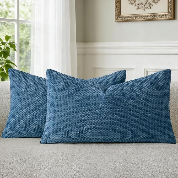 a moment Ocean Blue Chenille Throw Pillow Covers 12x20 Inch Pack of 2 Modern Decorative Throw Pillow Covers Farmhouse Cross Covers Home Decor for Sofa Bedroom Living Room