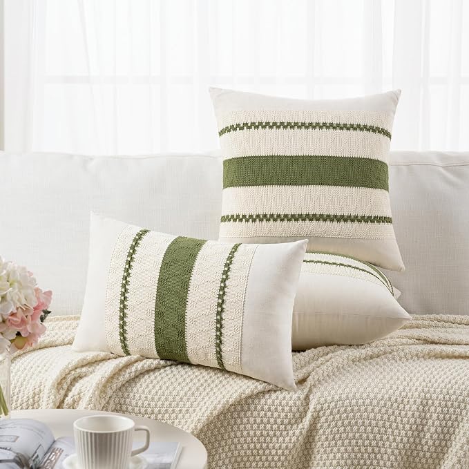 Fancy Homi Set of 1 Boho Moss Green Long Lumbar Decorative Throw Pillow Cover 14x24 Inch for Couch Bed Sofa Chair, Modern Organic Farmhouse Home Decor, Soft Cotton Cute Accent Rectangle Cushion Case