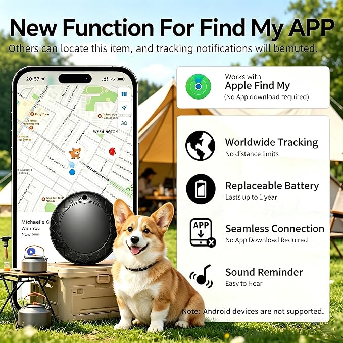 GPS Tracker for Dogs/Cats, Smart Collar with Real-Time Location - Pet Location Tracker with Holder, No Monthly Fee/No SIM Card, Works with iOS Find My, Ultra-Slim, IP68 Waterproof,Compact Design