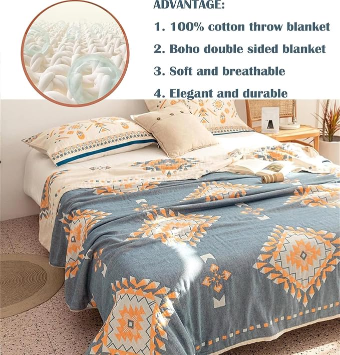 MSGKV Summer Cotton Muslin Boho Throw Blanket 60"x80" for Couch Bed | Cotton Muslin Throw, Soft Quilted Blanket, Boho Style, Couch Bed Chair Use, All Season Comfort, Gift Ready, Machine Washable