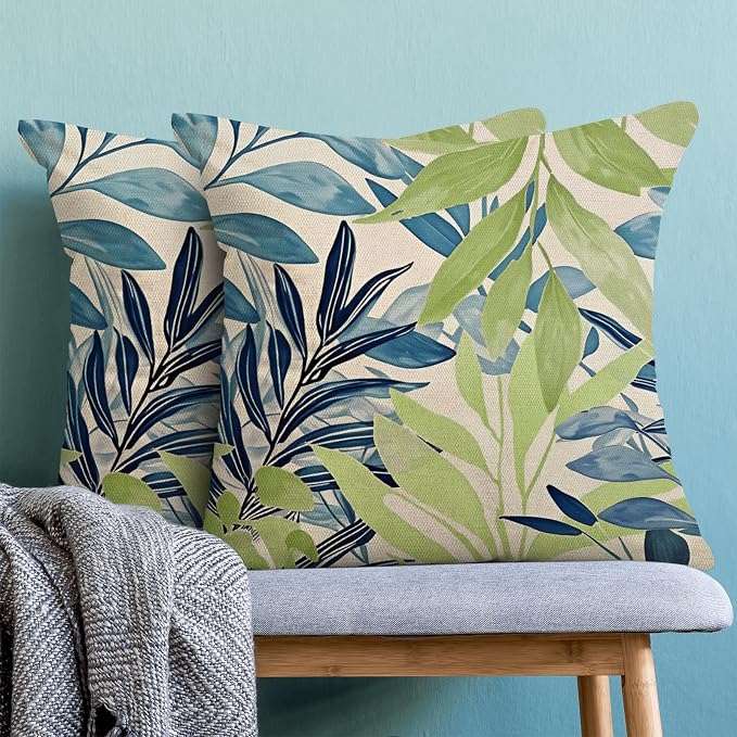 Summer Pillow Covers 18x18 Inches Set of 2 Sage Green Blue Leaves Throw Pillow Covers Outdoor Modern Spring Summer Leaf Decoration Pillowcase Farmhouse Decorative Cushion Cover for Sofa Couch