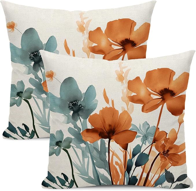 Floral Pillow Covers 18x18 Inches Set of 2 Blue Orange Floral Throw Pillow Cover Outdoor Decor Rustic Orange Flower Decoration Pillowcase Farmhouse Decorative Linen Cushion Cover For Sofa Couch