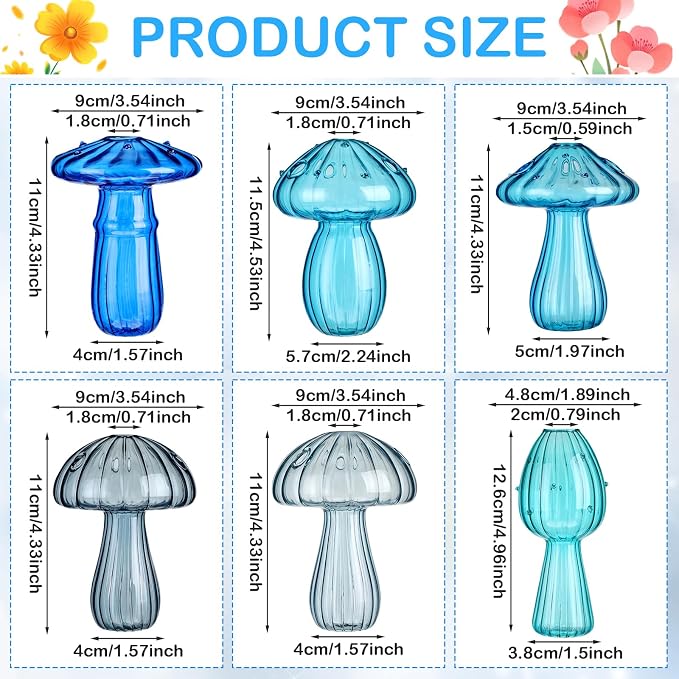 7 Pcs Glass Mushroom Vase Propagation Station with Hydroponic Plant and Artificial Fake Moss 6 Colored Plant Vase Table Centerpiece Decor for Forest Birthday Wedding Party Decoration (Blue)