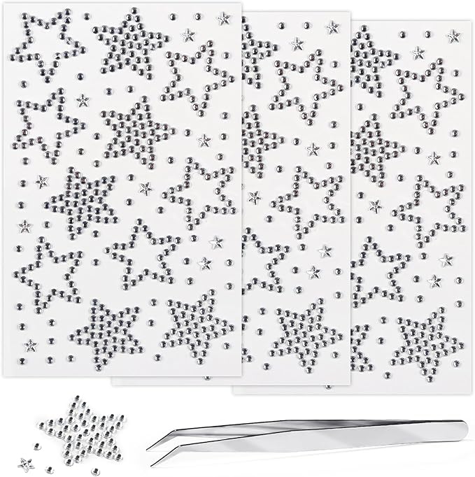 3 Sheets Star Gem Stickers Self Adhesive Rhinestone Stickers White Face Jewel Stick on Bling Hair Diamond Decals Sparkly Crystal Pearls for Body Nails Crafts Decoration Supplies for Kids