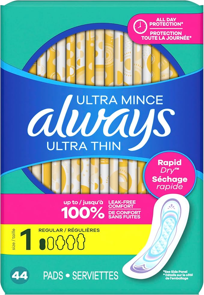 Always Ultra Thin Feminine Pads Without Wings for Women, Size 1, Regular Absorbency, Unscented, Up to 100% Leak-Free Protection, 44 Count x 3, 132 Count Total