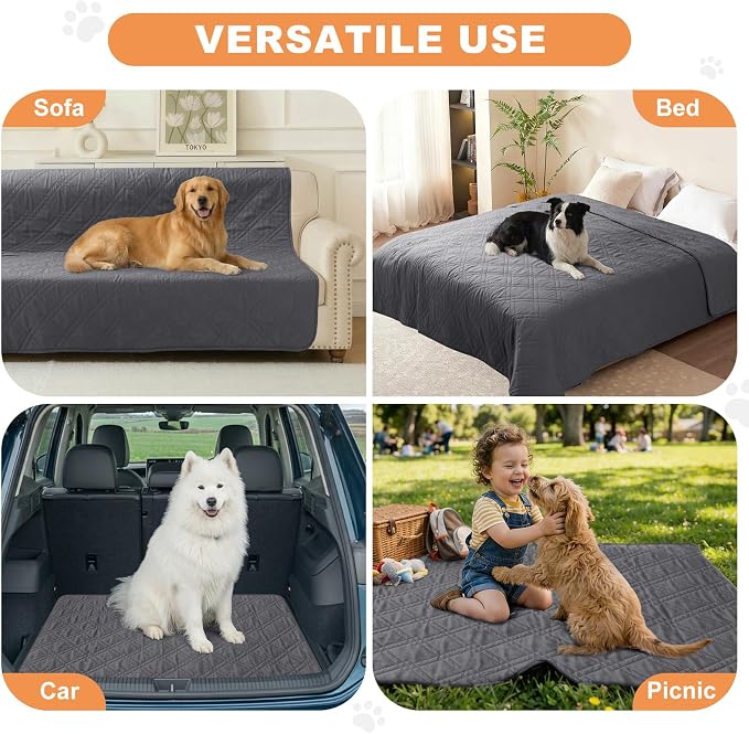 100% Waterproof Washable Dog Blanket，Gray+Gray， 82"x92" | ,7-Layer Reversible Couch Covers for Dogs Met for Sofa Furniture Car Camping