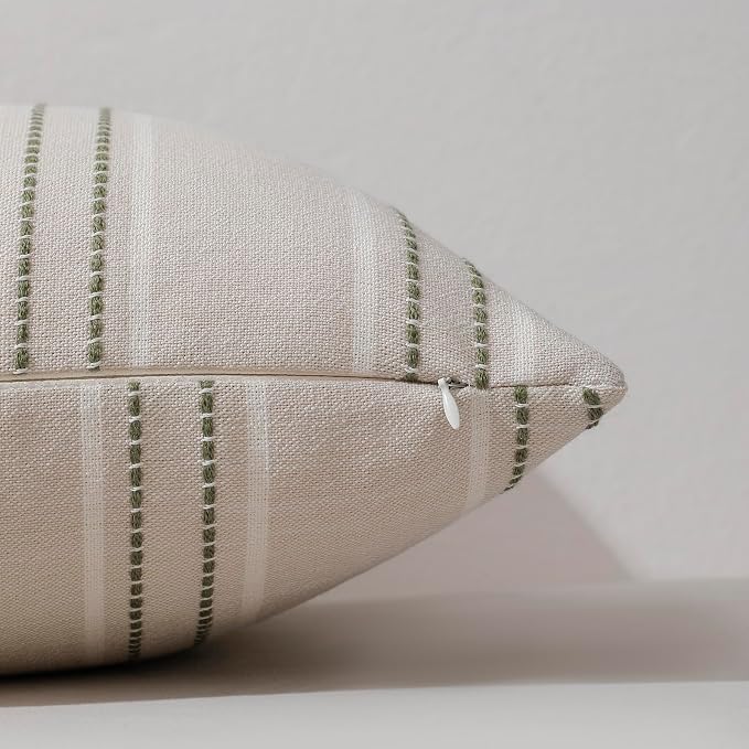 Hckot Spring Decorative Pillow Covers 18x18 Striped Throw Pillows Textured Linen Green Pillow Covers Farmhouse Decor Cushion Covers for Couch Bed Living Room,Sage Green