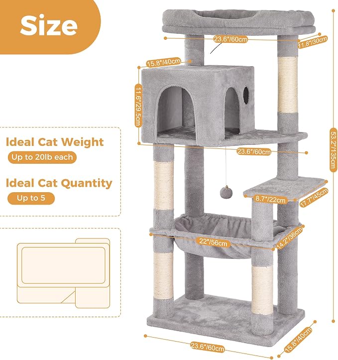 53”Cat Tree with Hammock & Extra Large Bed 23x12” for Large Cats | Adult Cat Tower with Enlarged Hammock, Spacious Condo, 23x12”Xlarge Top Bed, Scratching Posts &Wider Base for Big Cats