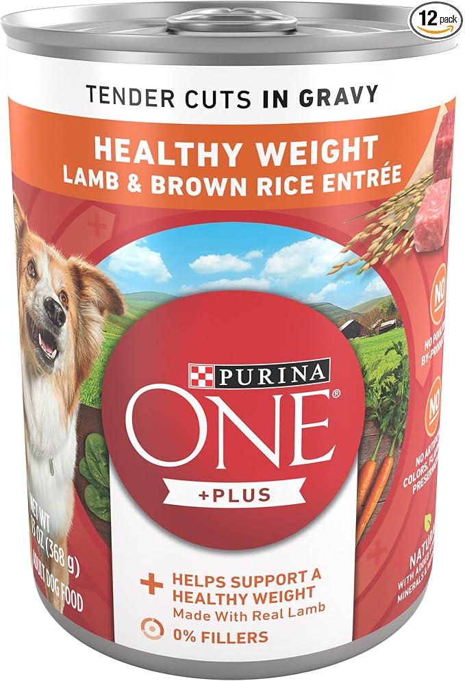 Purina ONE Plus Healthy Weight Wet Dog Food, Tender Cuts, (12) 13oz Cans | Lamb & Brown Rice Entree in gravy helps support dog's healthy weight, high protein recipe made with real lamb and no fillers