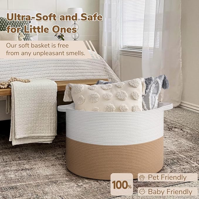 INDRESSME 115L Extra Large Woven Rope Blanket Basket Living Room | 23.6" x 15.7" Storage baskets for toys laundry & pillows. Fits living room, bedroom or nursery décor. Soft-touch with handles