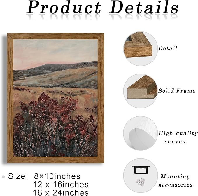 JLTULT Vintage Landscape Wall Art, Maroon Wood-Framed Canvas, 16 x 24 in | Moody maroon wildflower art on fade-resistant canvas with a ready-to-hang solid wood frame for bedrooms and living rooms