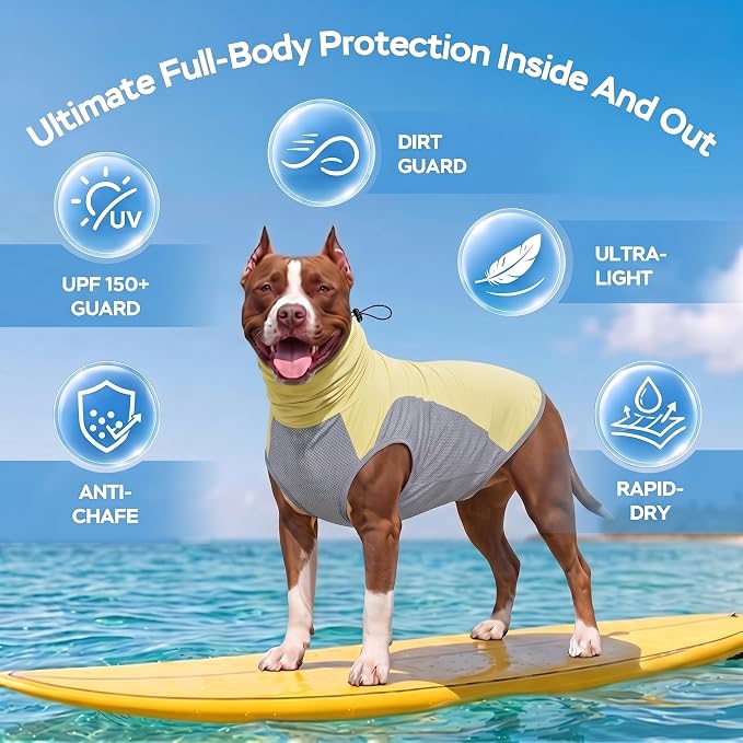 LovinPet UPF 150+ Dog Sun Shirt, Sleeveless High Neck Cooling UV Protection Clothes for Large Breeds, Quick Dry Lightweight Outdoor Vest with Breathable Belly Panel, Yellow, 3XL