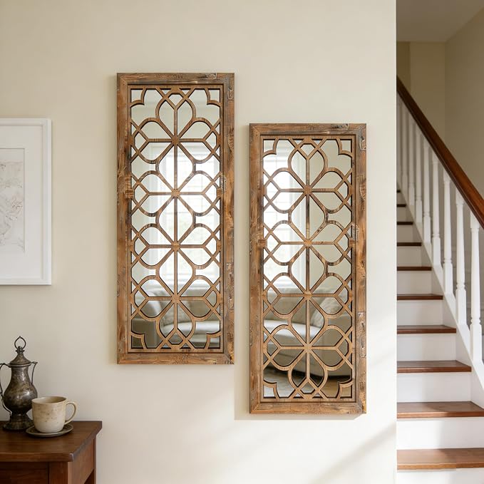 Set of 2 13x30 Inch Large Maroon Shatterproof Carved Floral Wood Frame Wall Mirrors, Boho Farmhouse Rustic Accent Mirrors for Living Room Bedroom Bathroom & Home Decor