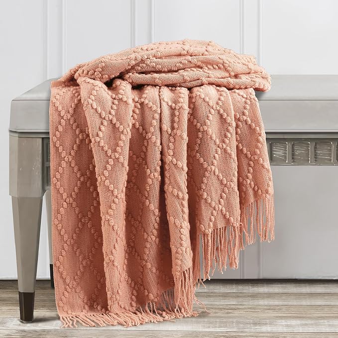 BOURINA Orange Throw Blanket 50 x70 Inch Jacquard Throw Knitted Blanket | Jacquard Argyle Throw Textured Solid Soft Throws and Blankets for Sofa or Bed Knitted Decorative Blanket