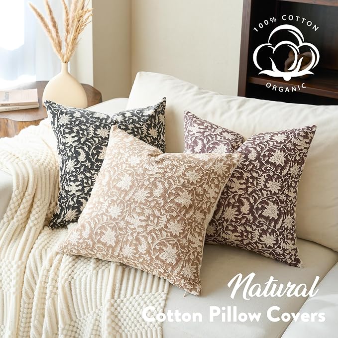 FIOUOVO Floral Throw Pillow Covers 20x20 Farmhouse Block Print Pillow Covers Decorative Pillow Covers Couch Pillows for Living Room Vintage Accent Sofa Pillows Set of 2, Neutral