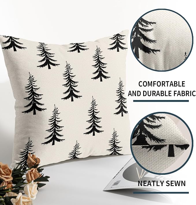 Christmas Pillow Covers 20X20 Inch Set of 2 Rustic Black White Xmas Tree Decorative Pillow Cases Winter Holiday Cotton Linen Cushion Case Farmhouse Home Decor for Sofa Couch Bedroom