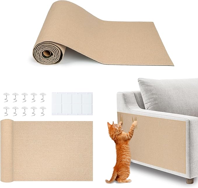 Catify Peel & Stick Cat Scratching Mat - Beige, L:39" | 39" x 15", Self-Adhesive Scratch Carpet, Furniture Protector for Couch, Sofa, Wall & Door, Indoor Kittens & Cats