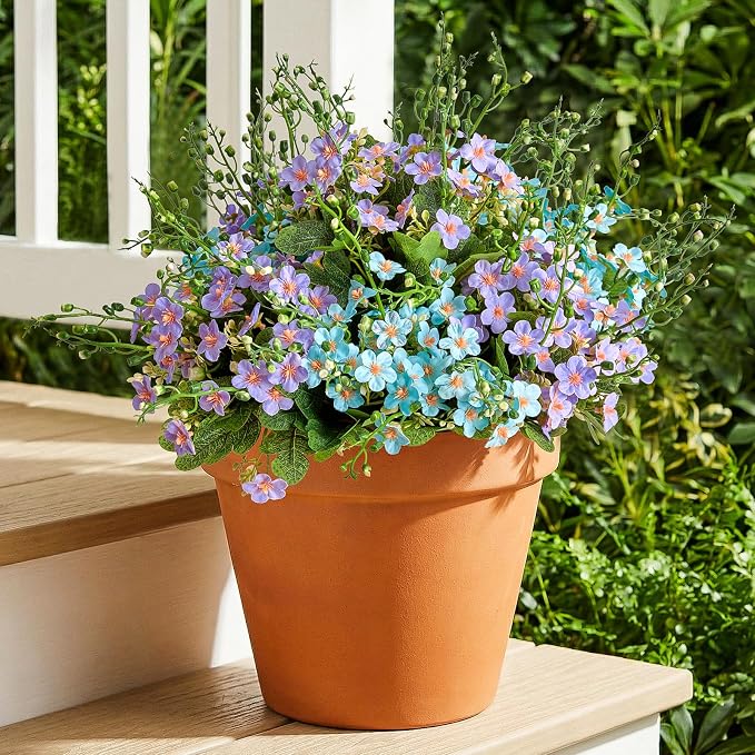 RM ROOMERS Artificial Flowers Plants for Outdoors, Fake Flowers Blue&Purple | Forget-me-not UV Resistant Faux Flower for Garden Porch Windowbox Front Door Yard Table, No Fade Home Vase Decor (4 Bundles)