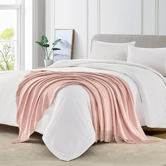 BOURINA Pink Throw Blanket 50x60 Inches Throw Textured Solid Soft Ripple Throws and Blankets for Sofa or Bed Knitted Decorative Throw