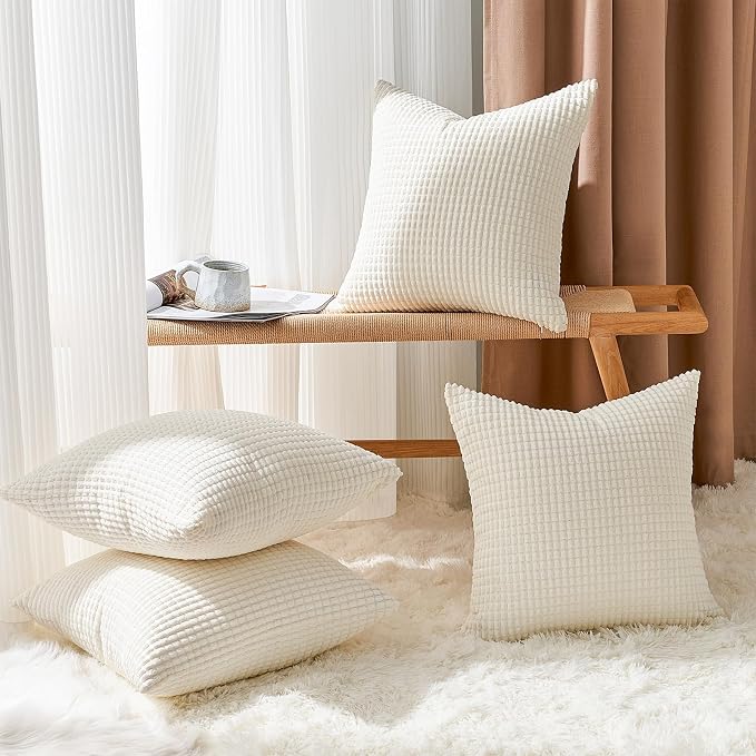 Topfinel Cream White Decorative Throw Pillow Covers 18x18 Inch Set of 4 for Living Room Couch Bed Sofa, Boho Natural Farmhouse Home Decor, Soft Plush Corduroy Cute Square Beige Cushion Case 45x45 cm