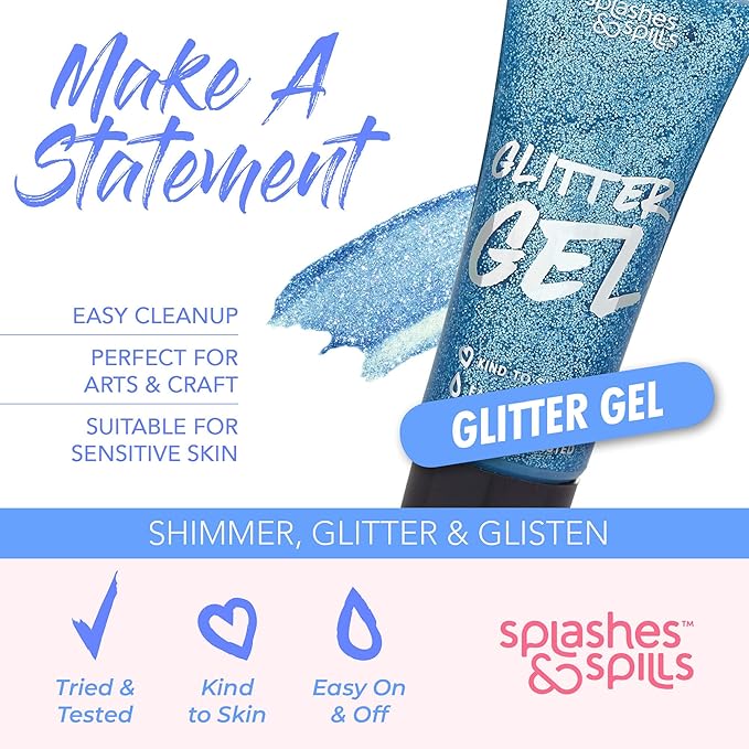 Body Glitter Paint Gel - 7 Color Costume Set for Women, Girls - 10 ml Tubes Holographic Shimmer Effect for Hair, Body, Face - Great for Festival, Costume Party, Halloween - by Splashes and Spills