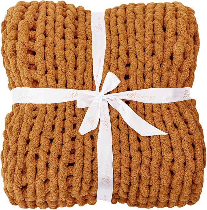 Bigacogo Chunky Knit Throw Blanket for Couch, 40x40 inches, Burnt Orange | Hand Knit with Jumbo Chenille, Soft Breathable Cable Knit for Sofa Bed Living Room, Machine Washable, Gift for Mom Friend