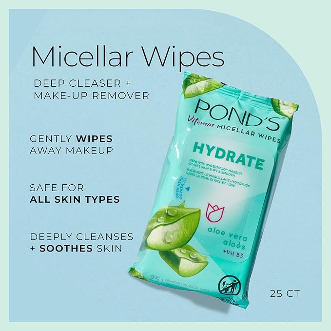 POND’S Micellar Makeup Remover Wipes, Removes Waterproof Mascara, with Aloe Vera & Vitamin B3, Alcohol-Free Facial Cleansing Wipes for Dry Skin, 25 Count