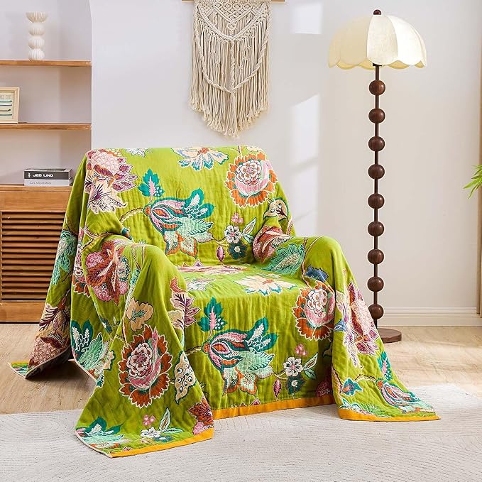 XIBLC Fall Throw Blanket, 100% Cotton Soft Rustic Boho Throw Blanket for Bed, 80"x90" Farmhouse Decor Bed Flower Blankets, Light Weight Reversible Bohemian Throw Quilt