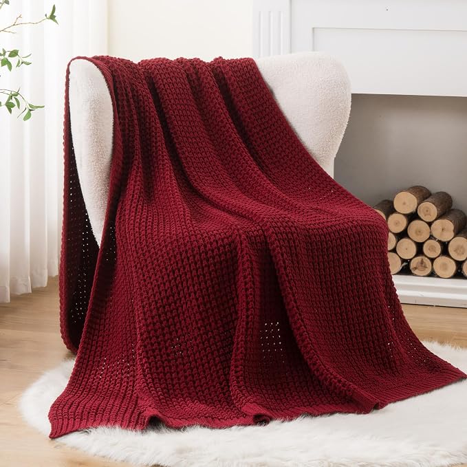 Red Throw Blanket for Couch, Soft Cozy Knit Waffle Throw Blanket 60"x80" | Chunky Chenille Throw Blanket, Decorative Christmas Throw Blanket for Bed Sofa Gifts,Modern Farmhouse Knitted Style