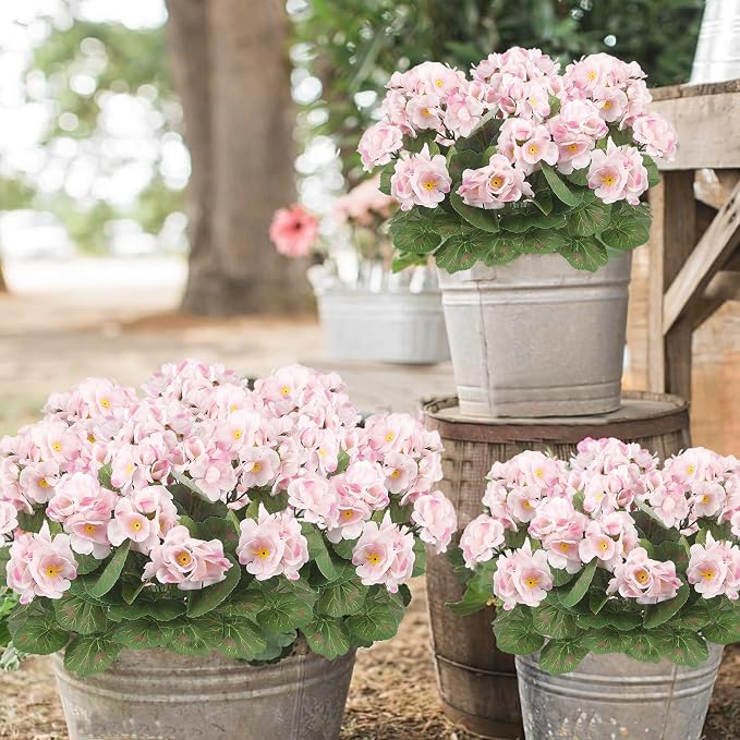 CISDUEO 4 Pcs Artificial Geranium Outdoors Silk Flowers Outside Light Pink | UV Resistant Fake Geraniums Bush Faux Flowers for Planter Outdoor Decor Indoor Garden Patio Table Centerpiece