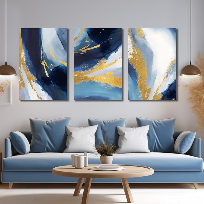 DNIEOTU Abstract Wall Art for Living Room, Blue and Gold Canvas Picture Prints Wall-Decor for Bedroom, Size 24 x 36 Inches 3-Pieces