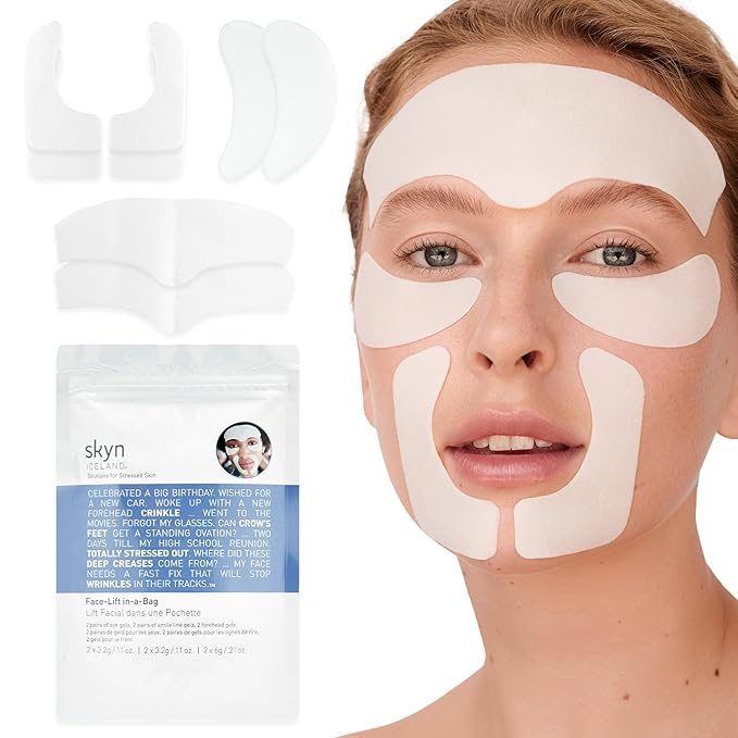 skyn ICELAND Facelift in-a-Bag, Firming Hydrogel Masks for Forehead, Smile Lines and Under Eyes. Cooling Gel Facial Patches with Peptides and Coenzyme Q10. Treatment for All Skin Types, Vegan, 6 Pcs.