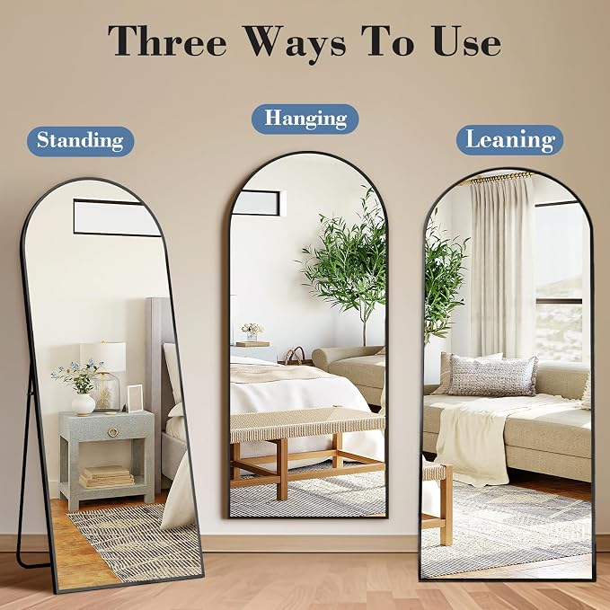 DUMOS 59"x16" Arched Full Length Mirror with Stand, Full Body Floor Mirror | Free Standing or Wall Mount, Nano Glass Aluminum Frame, Hanging or Leaning, Modern Simple Home Decor, Black