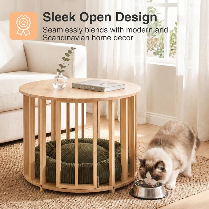 Veehoo Dog Crate Furniture, Round Cat Coffee Table with Cat Bed | Dog crate end table with dogs bed, wooden dog house, for small dogs & cats, 25.6" Dia. x 20.5" H, easy assembly