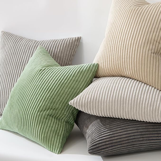 MIULEE Decorative Corduroy Throw Pillow Covers Set of 2 18x18 Sage Green | Soft Striped Textured Cushion Cases, Boho Natural Greenery Pillowcases for Home Decor, for Couch Chair Sofa Bed Living Room