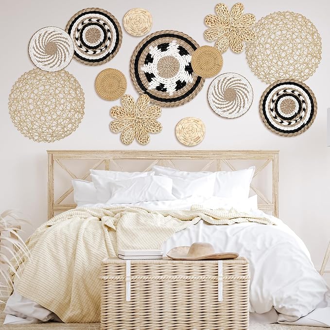 Glenmal 13 Pcs Boho Wall Basket Decor Set Woven Rattan Seagrass,Bohemian | Handmade Flat Baskets for Bedroom Living Room Office, Wicker Bamboo Seagrass Hanging Art, Farmhouse Gallery Ready to Hang