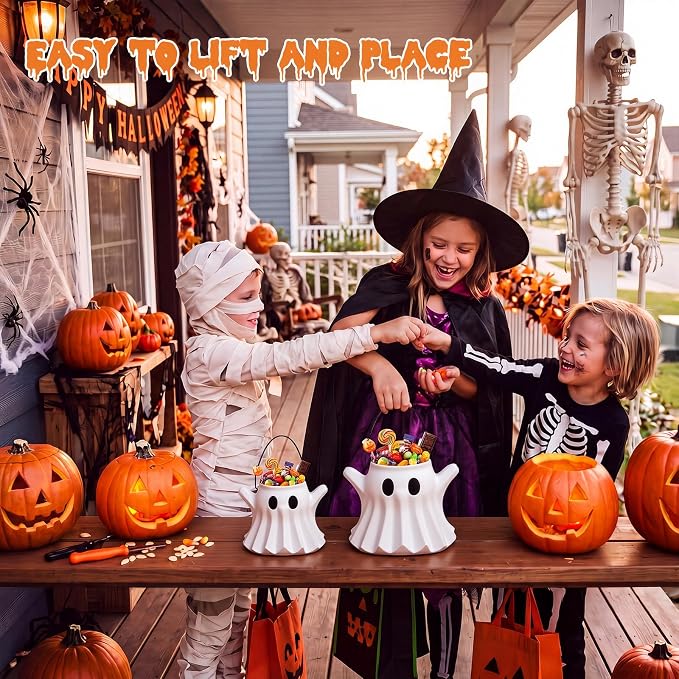 FoldTier 2 Pcs Halloween Ghost Planter Vase Candy Bowl Bucket with Handle | Resin Ghost Design, Multipurpose Flower Pot and Candy Holder, Indoor Outdoor Decor, Home Garden Table Centerpiece for Party