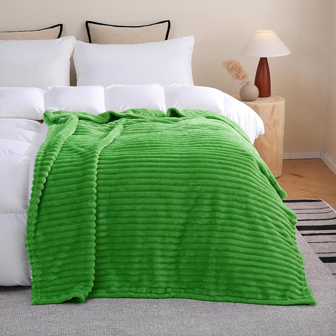 Bright Green Fleece Throw Blanket 60”×80” for Couch Sofa Livingroom | Super Soft Cozy Plush Microfiber Flannel Bed Blanket Striped Design Lightweight Home Decor Gifts for Adults Mom Women