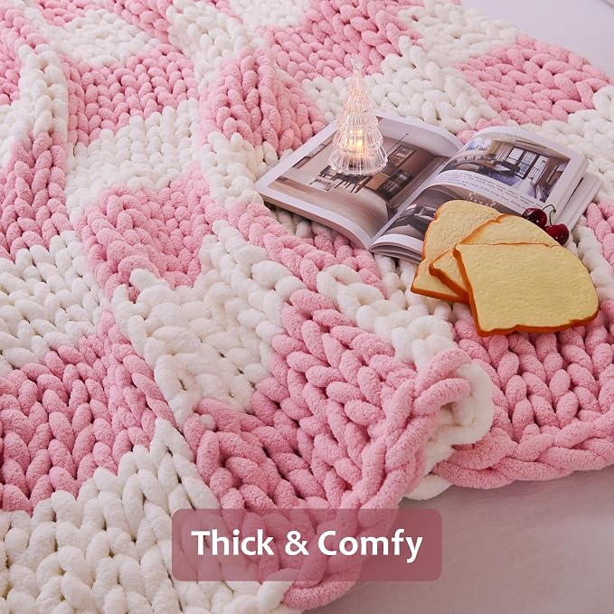 Chunky Knit Blanket Throw for Couch, 51"x63" Chunky Yarn Knitted Blankets | 100% Hand Knit Thick Chenille, Soft Breathable for Bed, Sofa, Home Decor, Cozy Gifts for Women Friends, Pink Checkered
