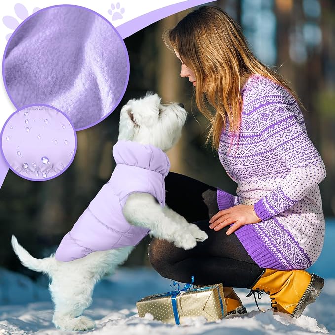 ABRRLO Winter Warm Dog Jacket for Small Medium Dogs Cat Cold Weather Coats with Harness Paded Dogs Fleece Vest Waterproof Windproof Dog Snow Jacket Pet Puppy Clothes (Purple,S)