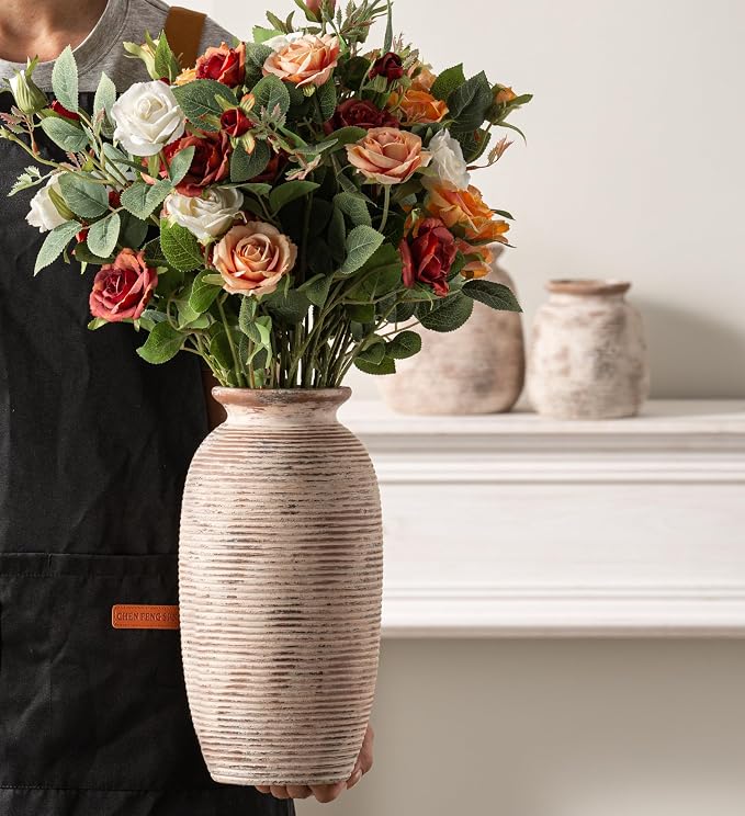 Ceramic Rustic Flower Vase, Large Farmhouse Vases Home Decor, 12.5" Tall Pottery Decorative Pampas Vase for Table Living Room Entryway Mantel Bookshelf Bedroom Bathroom Kitchen