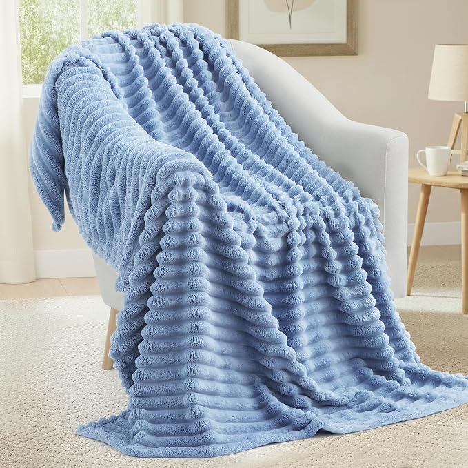 decorUhome Blue Grey Fleece Twin Blanket 60x80 Inches | Soft Couch Cozy Fluffy Plush Flannel Striped Blanket for Sofa Bed, Lightweight Decorative Ribbed Fuzzy Blanket for Woman