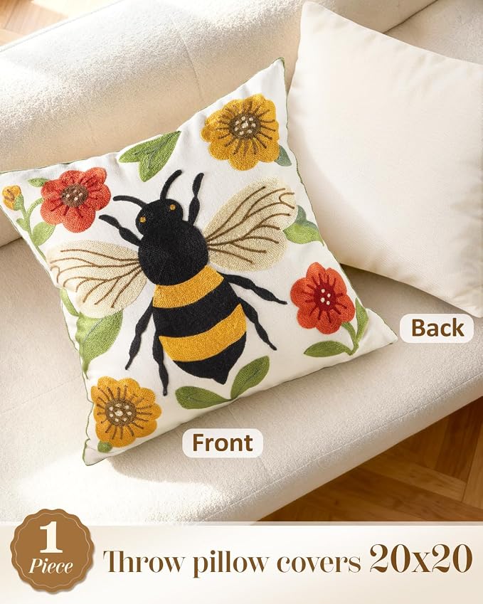 Animal Embroidered Throw Pillow Cover 20x20 Inch, Bee Floral | Decorative Pillow Cover, Farmhouse Cushion Cases with Hidden Zipper, Cottagecore Decor for Couch, Sofa, Living Room
