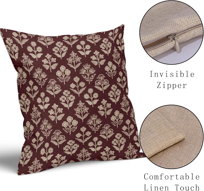 Burgundy Red Floral Pillow Covers 24x24 Inch Set of 2, Vintage Flower Block Print Decorative Throw Pillowcases Outdoor Farmhouse Cushion Covers Spring Summer Rustic Decoration Sofa Couch Bed Decor