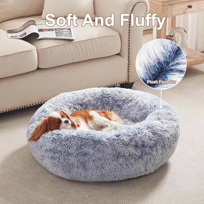 30 inches Faux Fur Fluffy Donut Dog Bed for Medium Dogs,Dark Blue | Calming Plush Round Pet Bed with Removable & Washable Cover,Fits up to 45 lbs Pets